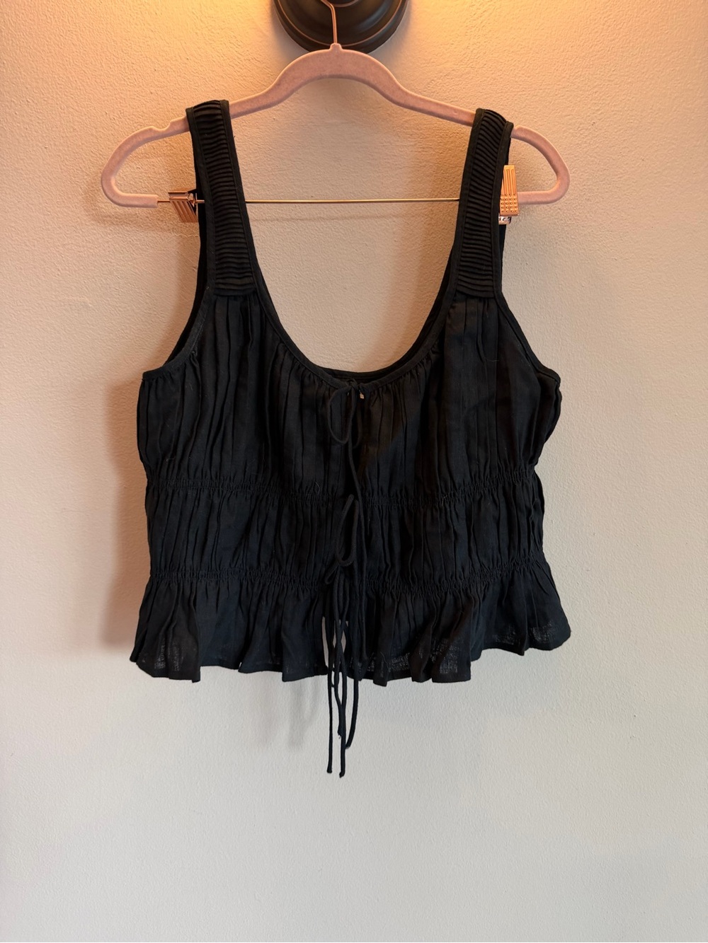 Abercrombie Smocked Cinch-Front Crop Peplum Top Black Cotton M seersucker